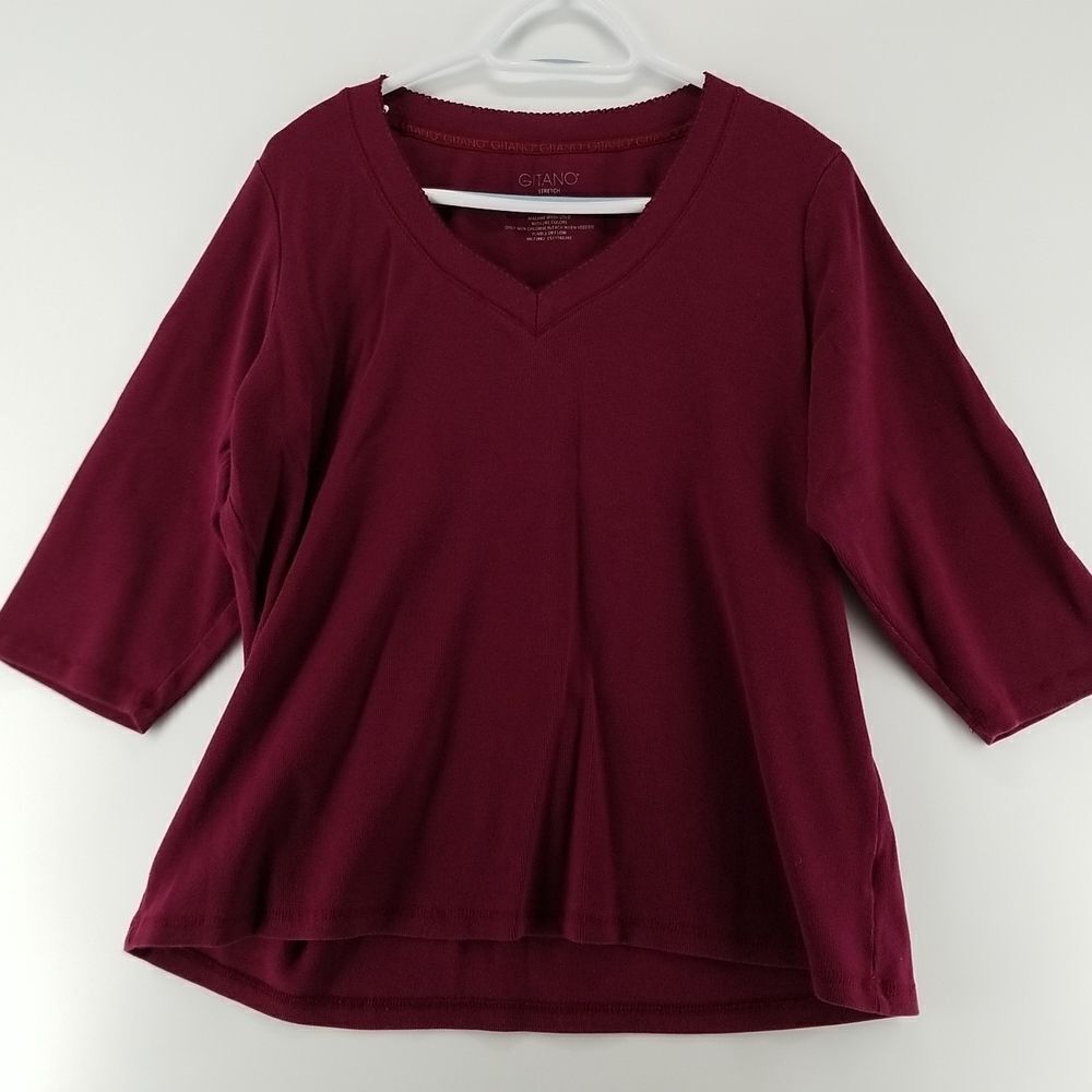 Gitano Blouse Women's Size 18/20W Burgundy 3/4 Sleeve V-Neck Stretch Office